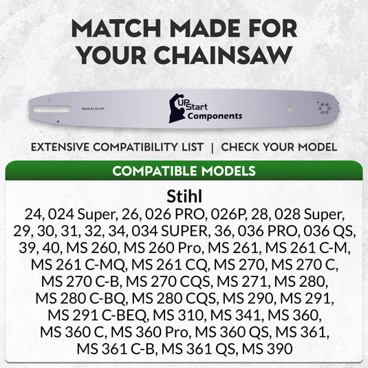 20-Inch Single Rivet Chainsaw Guide Bar -  0.325" Pitch, 0.063" Gauge, 81 Drive Links, 12 Sprocket Nose Tooth